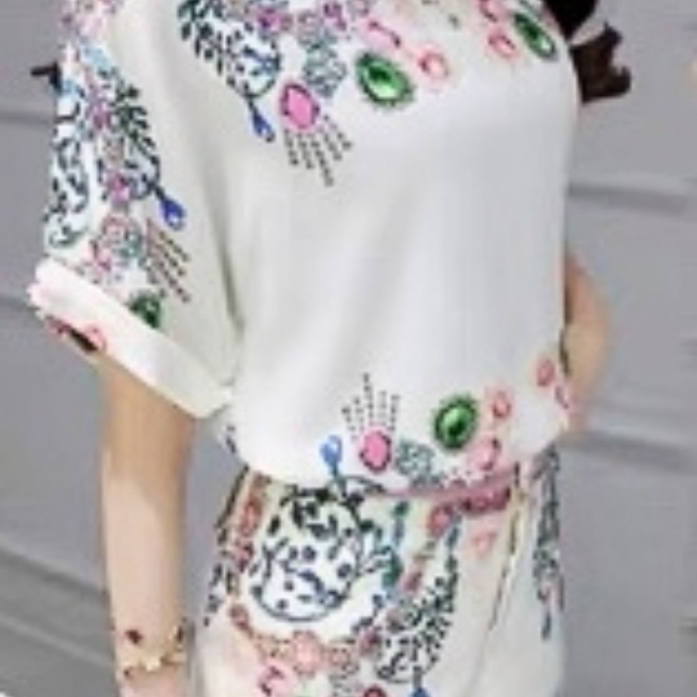 White Two-Piece Set with Printed Jewelry Pattern